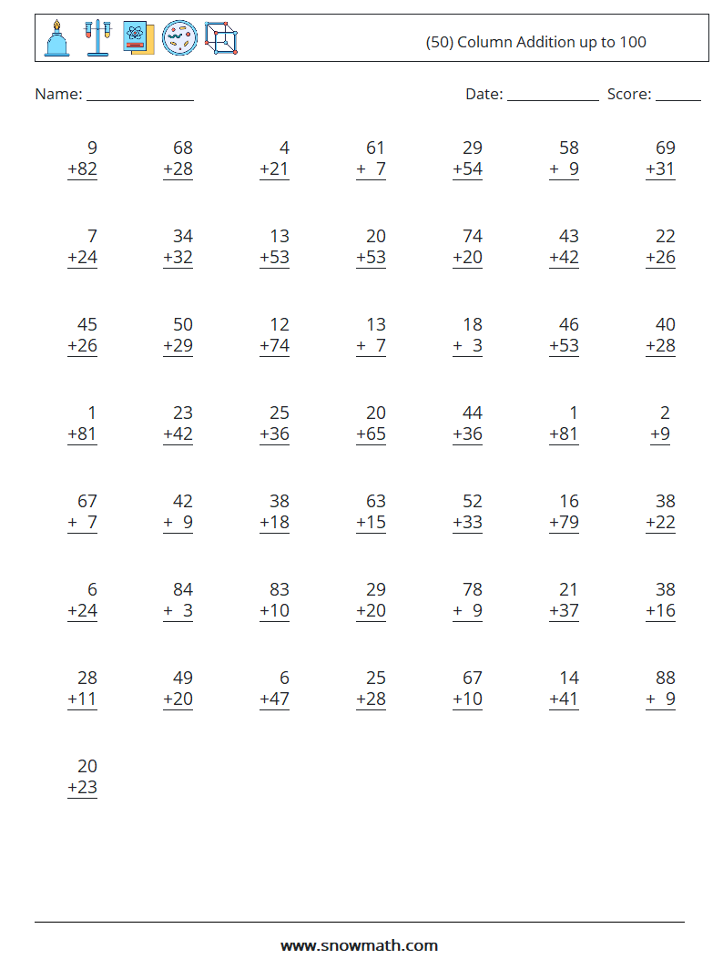 (50) Column Addition up to 100 Math Worksheets 13