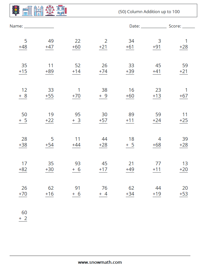 (50) Column Addition up to 100 Math Worksheets 16