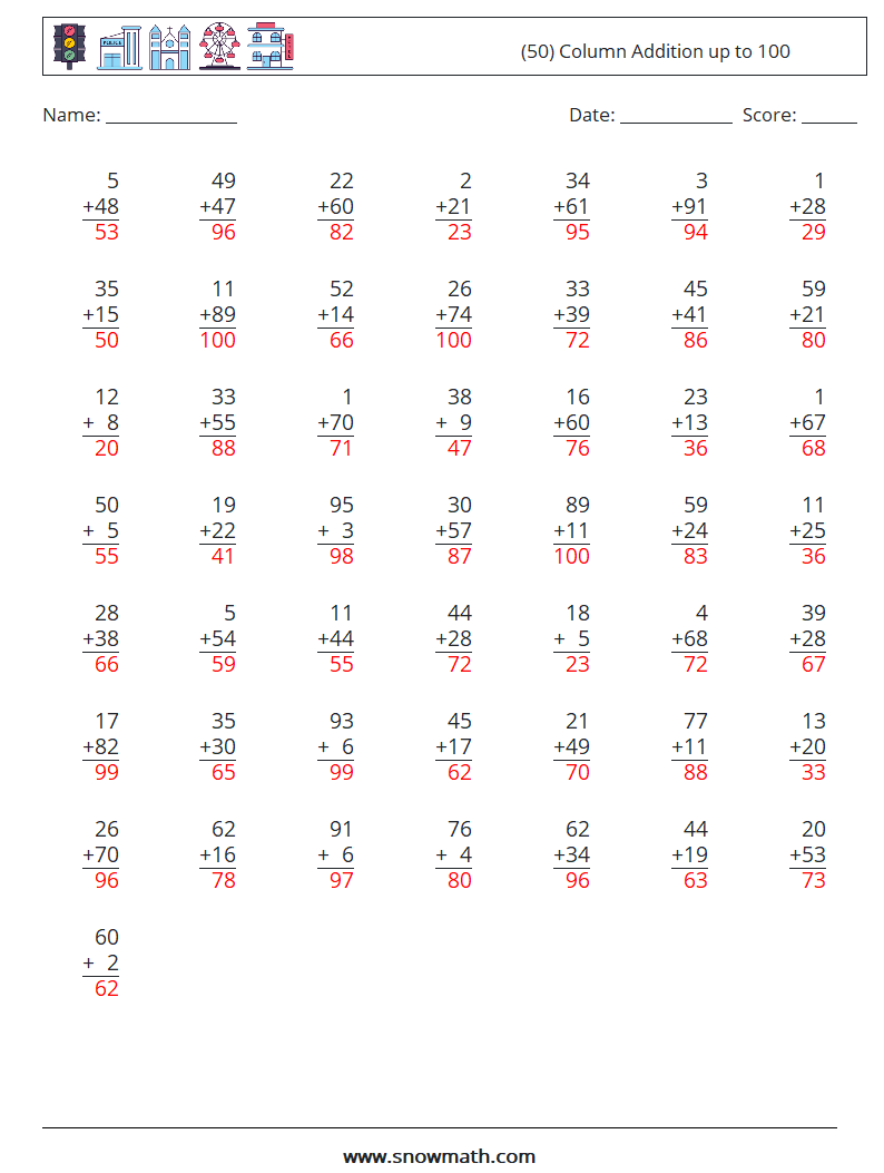 (50) Column Addition up to 100 Math Worksheets 16 Question, Answer