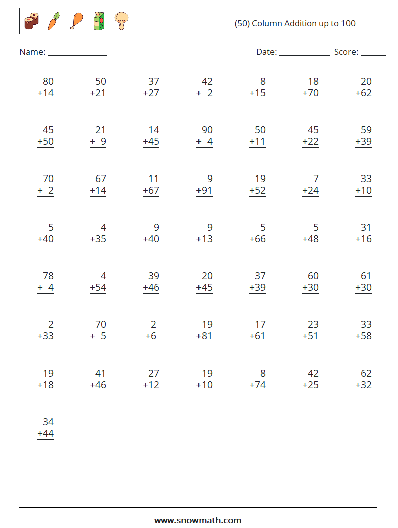 (50) Column Addition up to 100 Math Worksheets 17