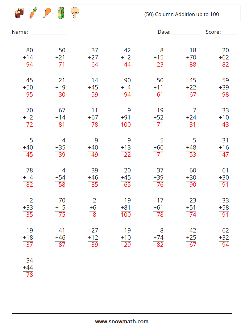 (50) Column Addition up to 100 Math Worksheets 17 Question, Answer