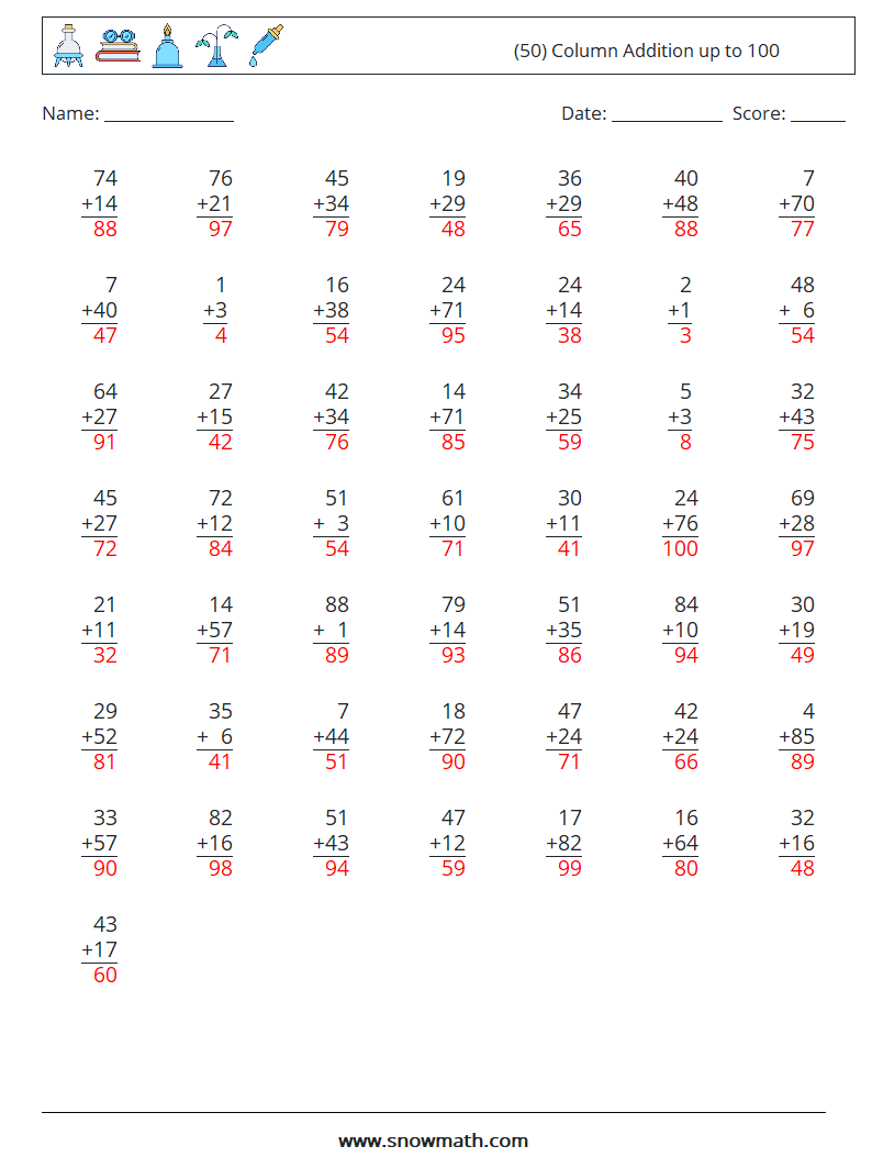 (50) Column Addition up to 100 Math Worksheets 1 Question, Answer