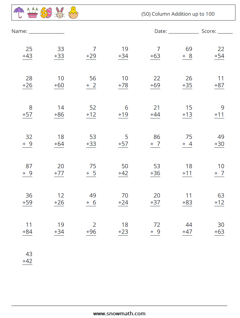 (50) Column Addition up to 100 Math Worksheets 2