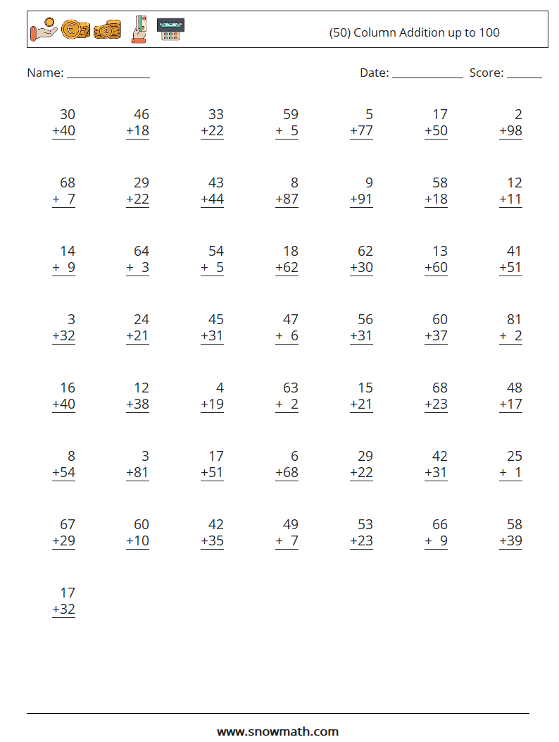 (50) Column Addition up to 100 Math Worksheets 4