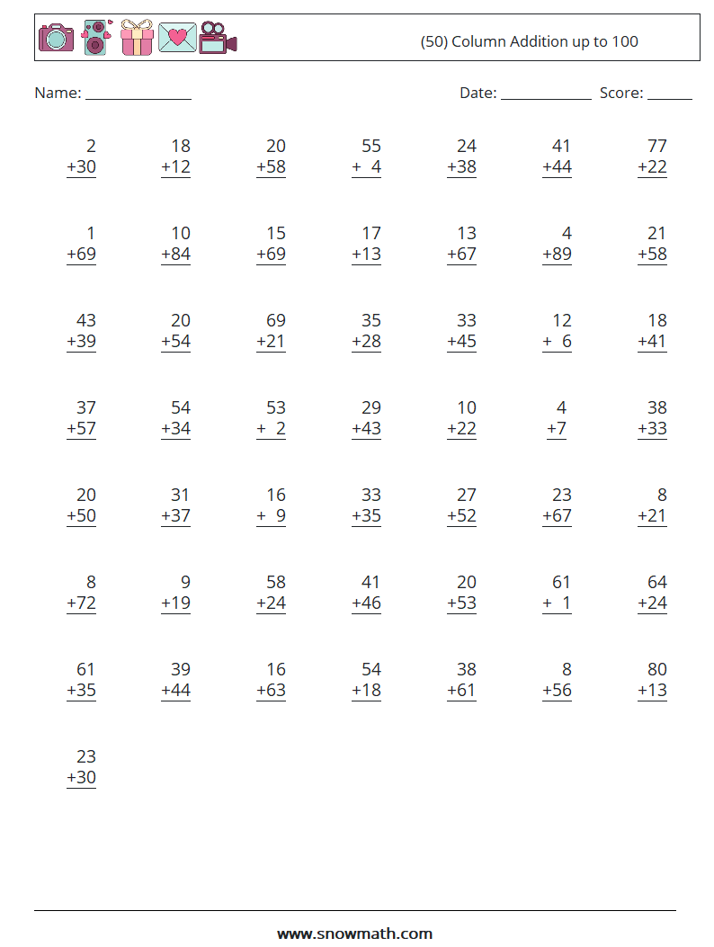 (50) Column Addition up to 100 Math Worksheets 5
