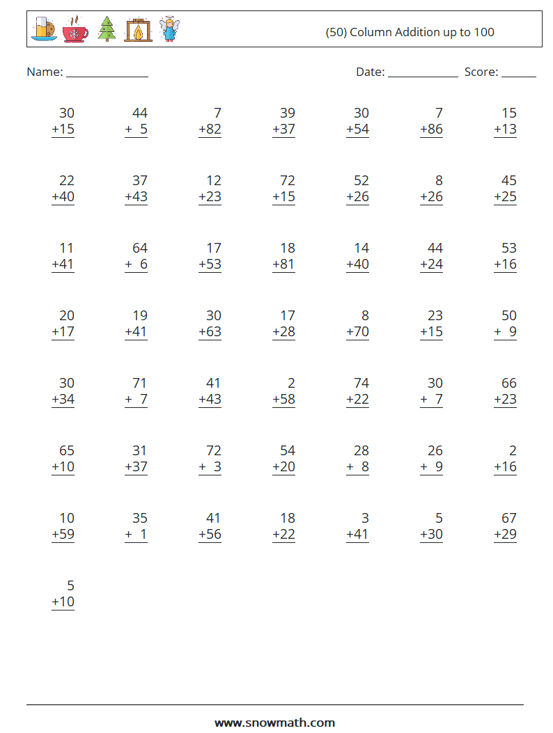 (50) Column Addition up to 100 Math Worksheets 6