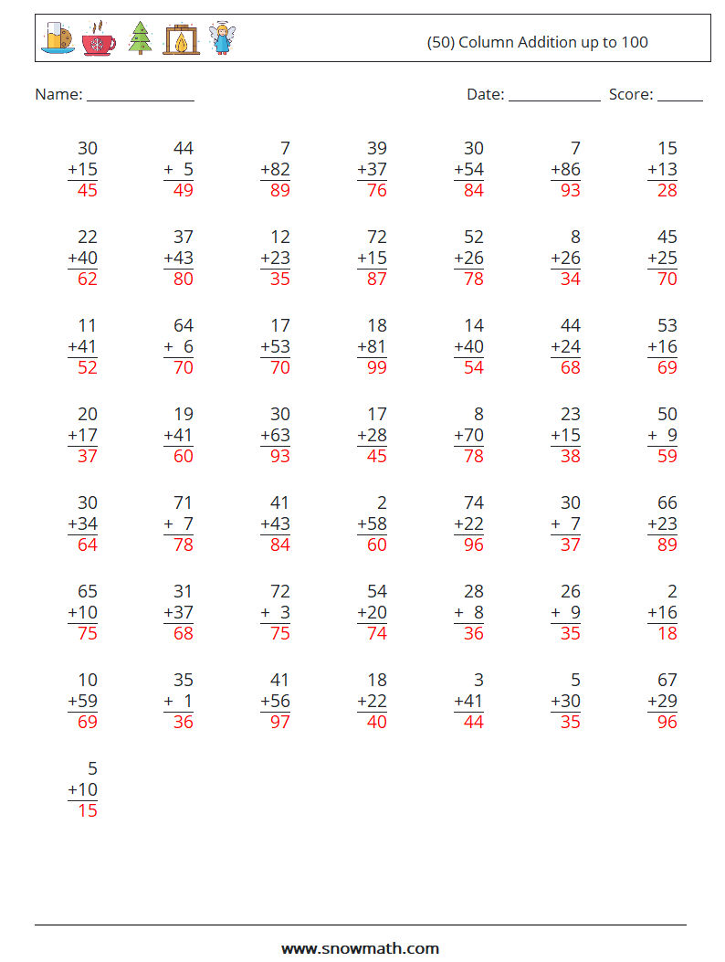 (50) Column Addition up to 100 Math Worksheets 6 Question, Answer