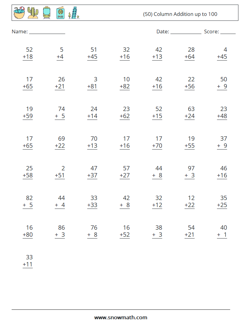 (50) Column Addition up to 100 Math Worksheets 7