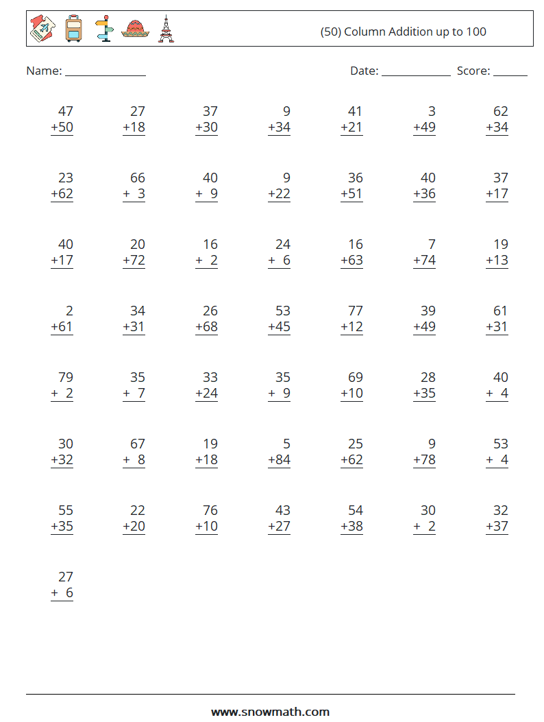 (50) Column Addition up to 100 Math Worksheets 8