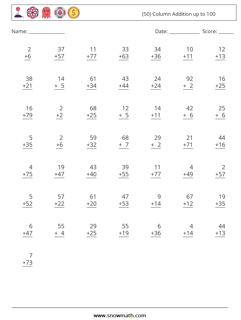 (50) Column Addition up to 100 Math Worksheets 9