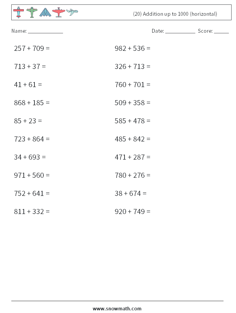 (20) Addition up to 1000 (horizontal) Math Worksheets 1