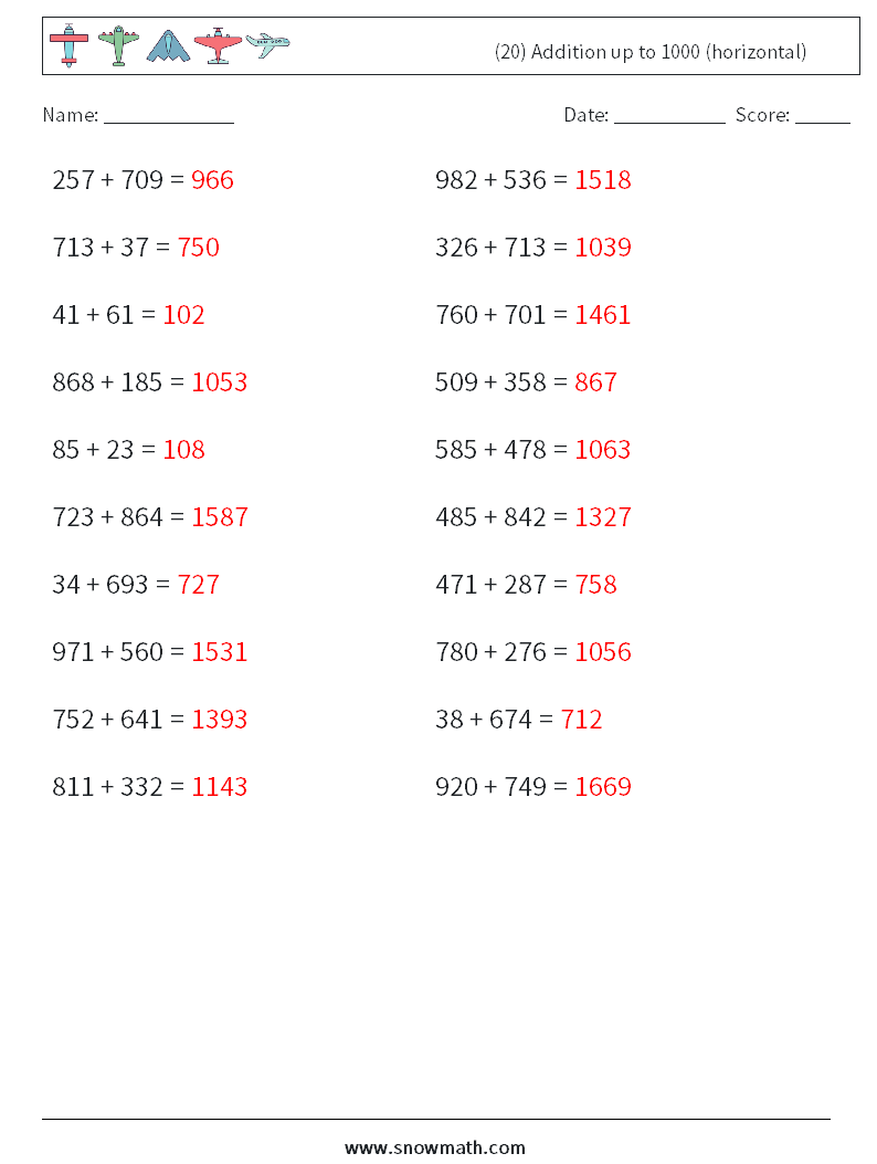 (20) Addition up to 1000 (horizontal) Math Worksheets 1 Question, Answer