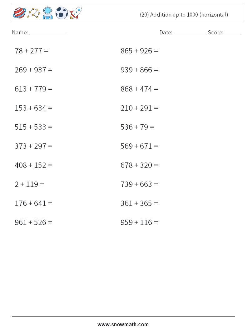 (20) Addition up to 1000 (horizontal) Math Worksheets 2