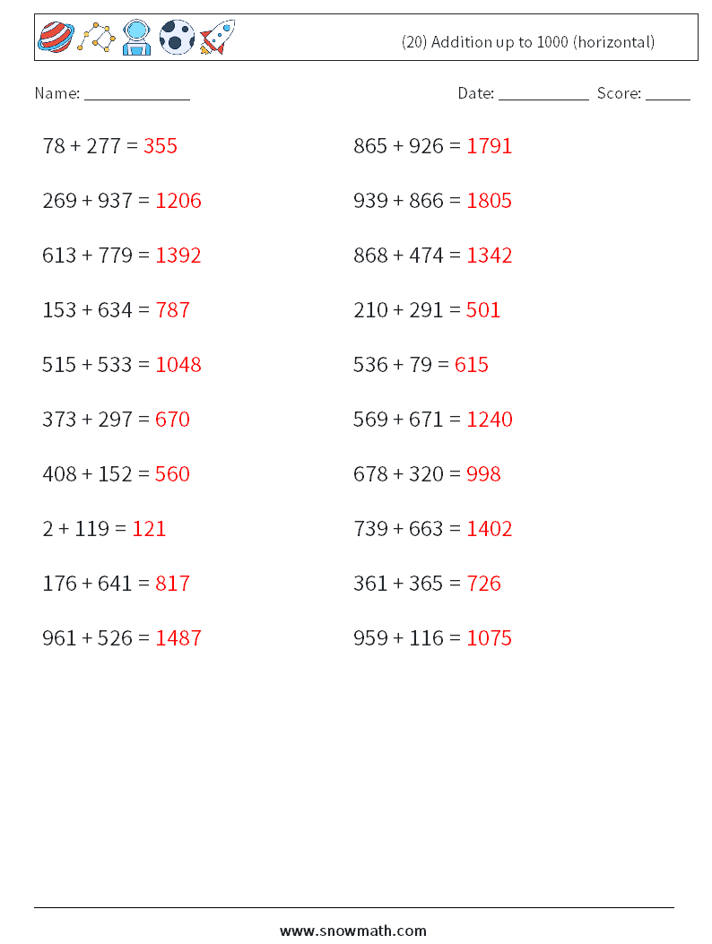 (20) Addition up to 1000 (horizontal) Math Worksheets 2 Question, Answer