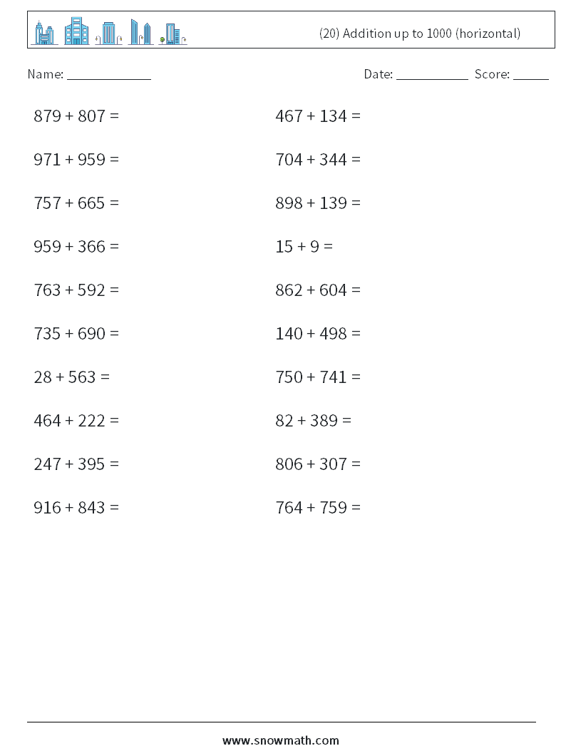 (20) Addition up to 1000 (horizontal) Math Worksheets 3