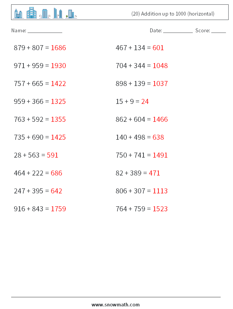 (20) Addition up to 1000 (horizontal) Math Worksheets 3 Question, Answer