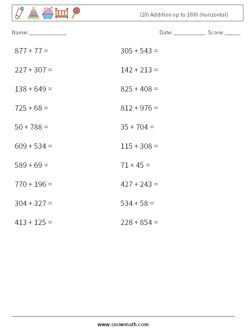 (20) Addition up to 1000 (horizontal) Math Worksheets 4