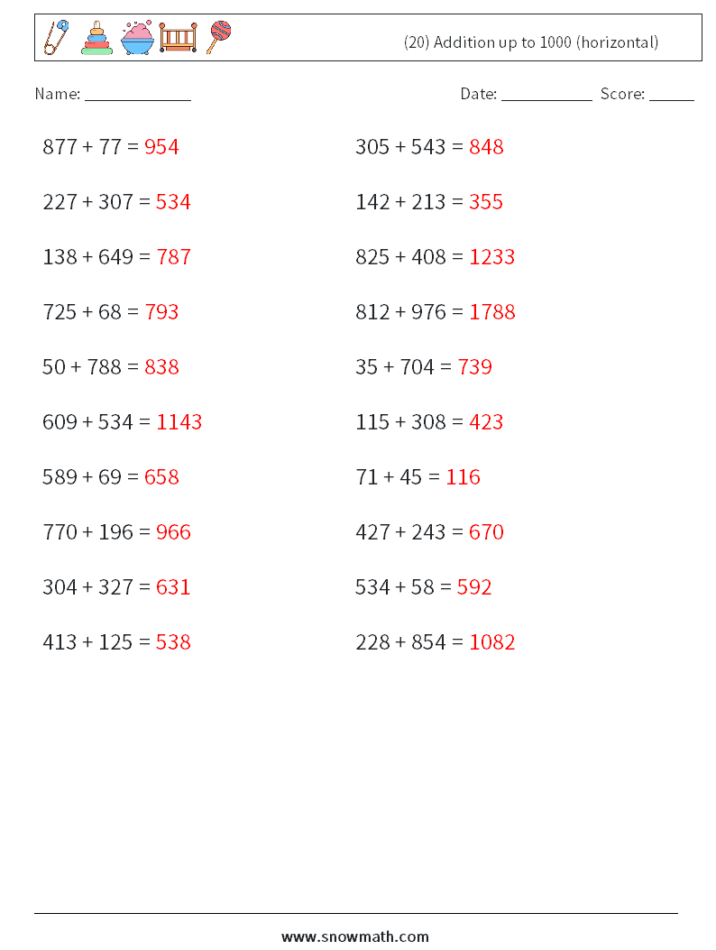 (20) Addition up to 1000 (horizontal) Math Worksheets 4 Question, Answer