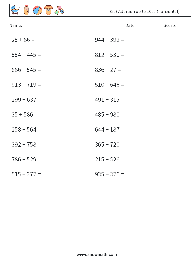 (20) Addition up to 1000 (horizontal) Math Worksheets 5