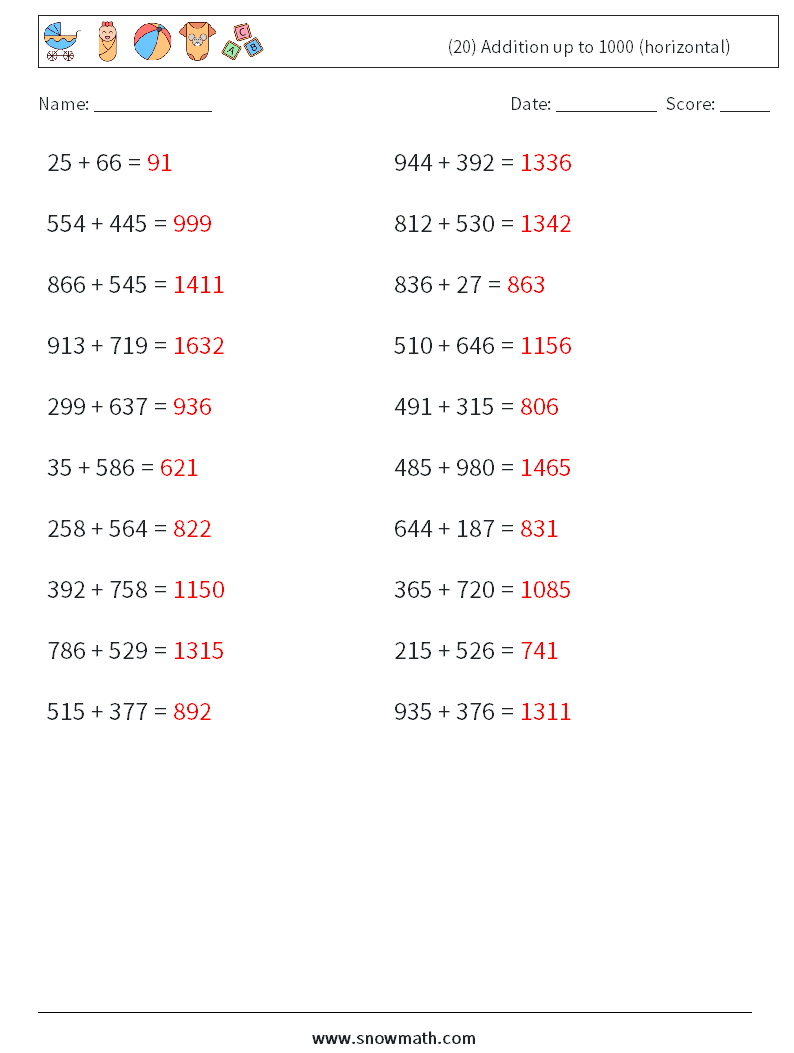 (20) Addition up to 1000 (horizontal) Math Worksheets 5 Question, Answer