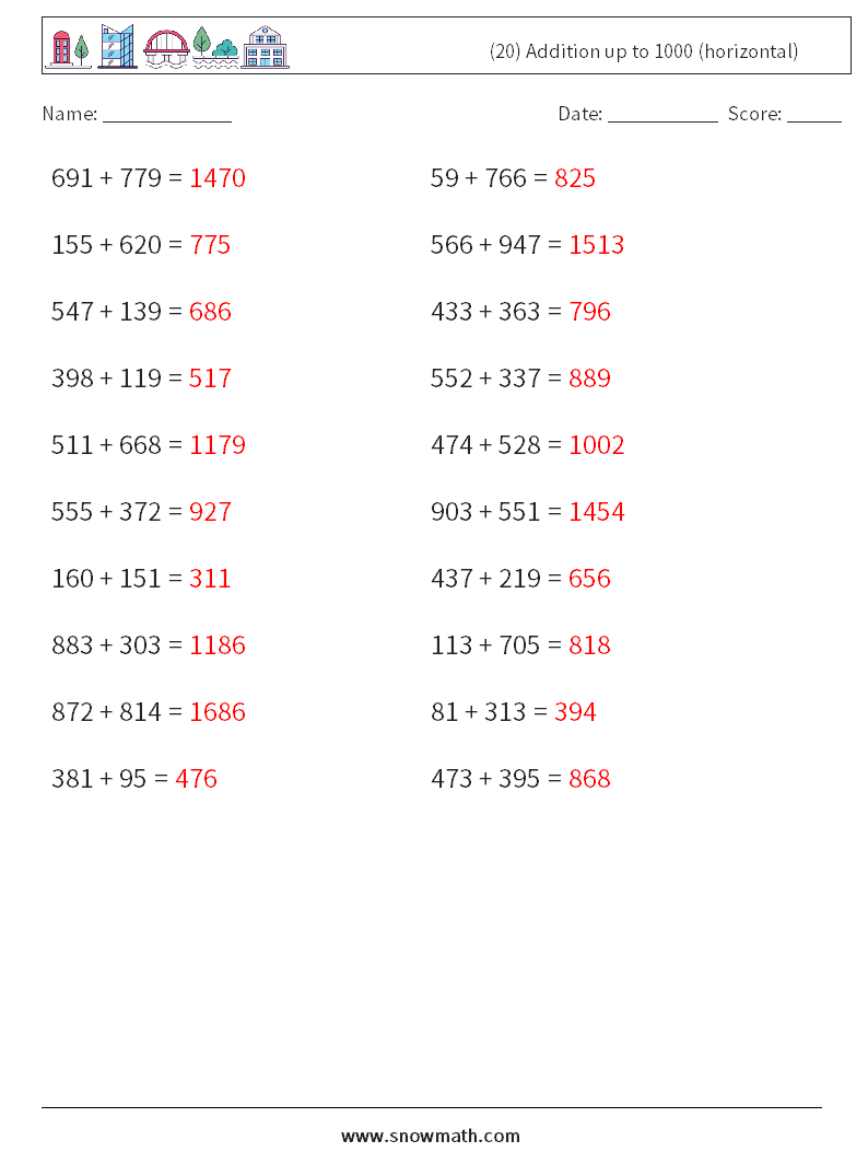 (20) Addition up to 1000 (horizontal) Math Worksheets 6 Question, Answer