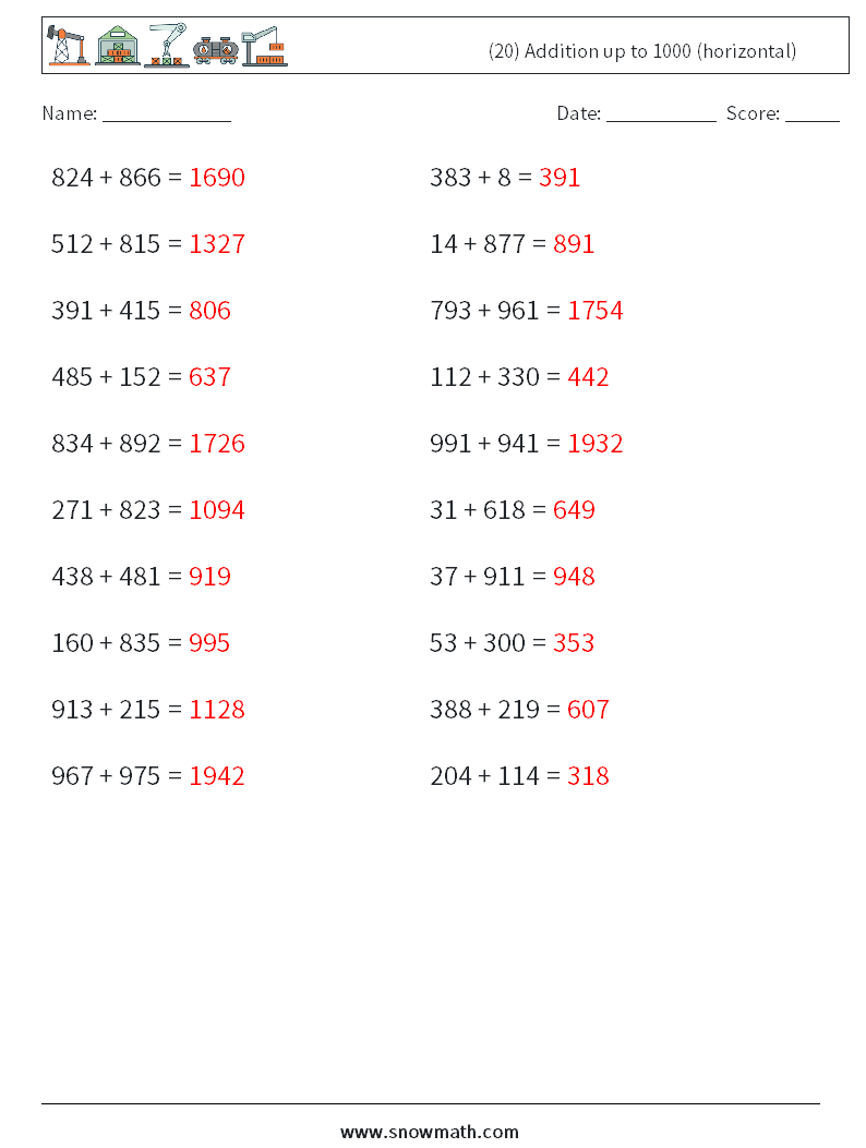 (20) Addition up to 1000 (horizontal) Math Worksheets 7 Question, Answer