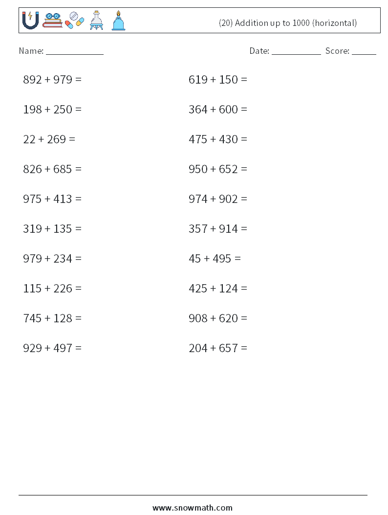 (20) Addition up to 1000 (horizontal) Math Worksheets 8