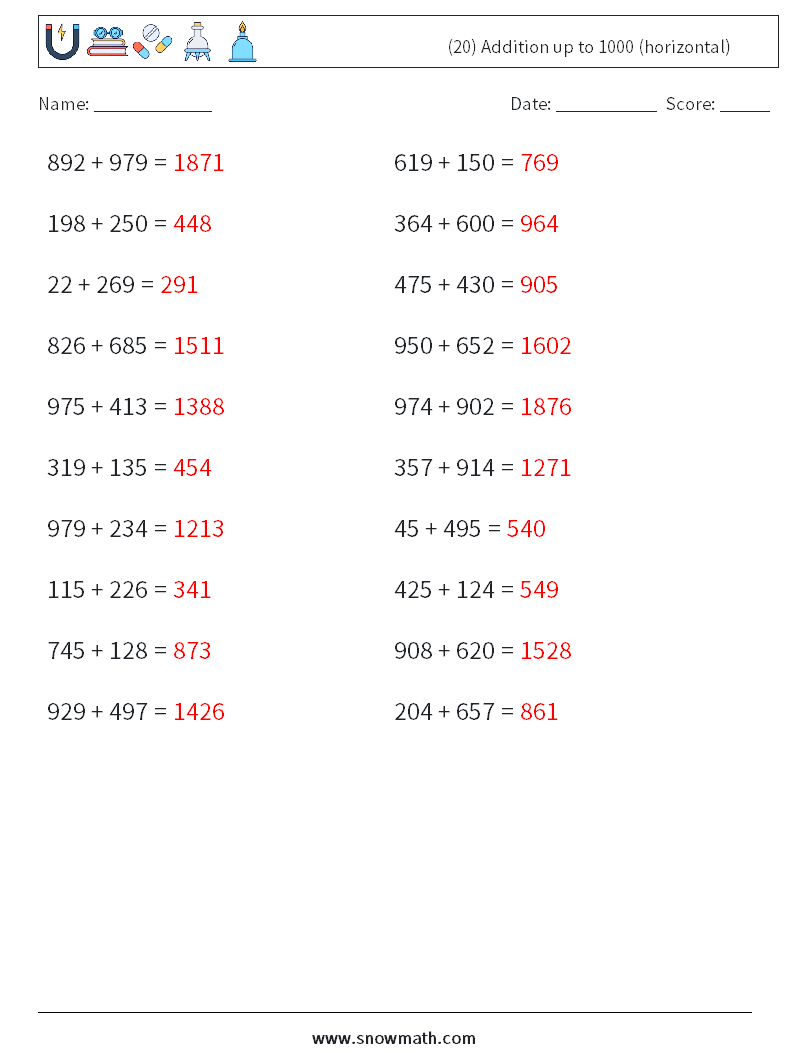 (20) Addition up to 1000 (horizontal) Math Worksheets 8 Question, Answer