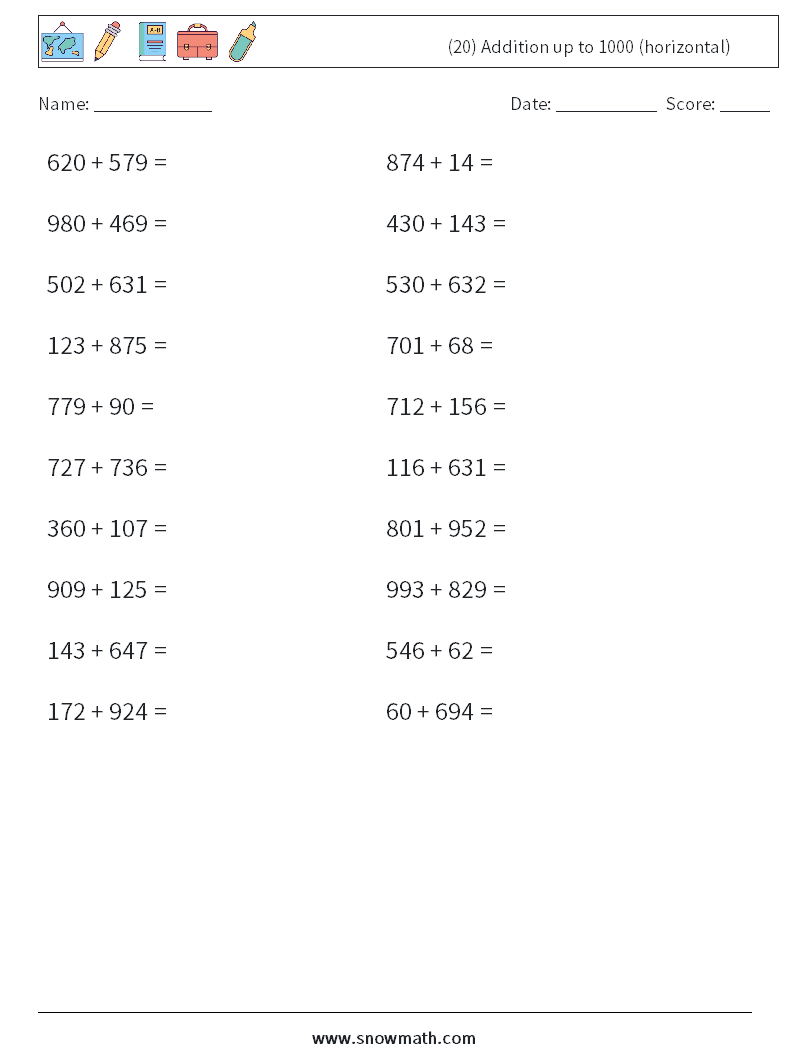 (20) Addition up to 1000 (horizontal) Math Worksheets 9