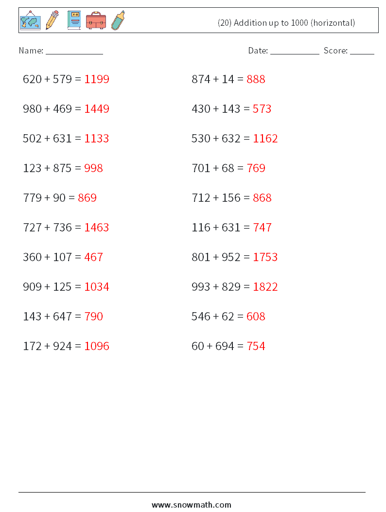 (20) Addition up to 1000 (horizontal) Math Worksheets 9 Question, Answer