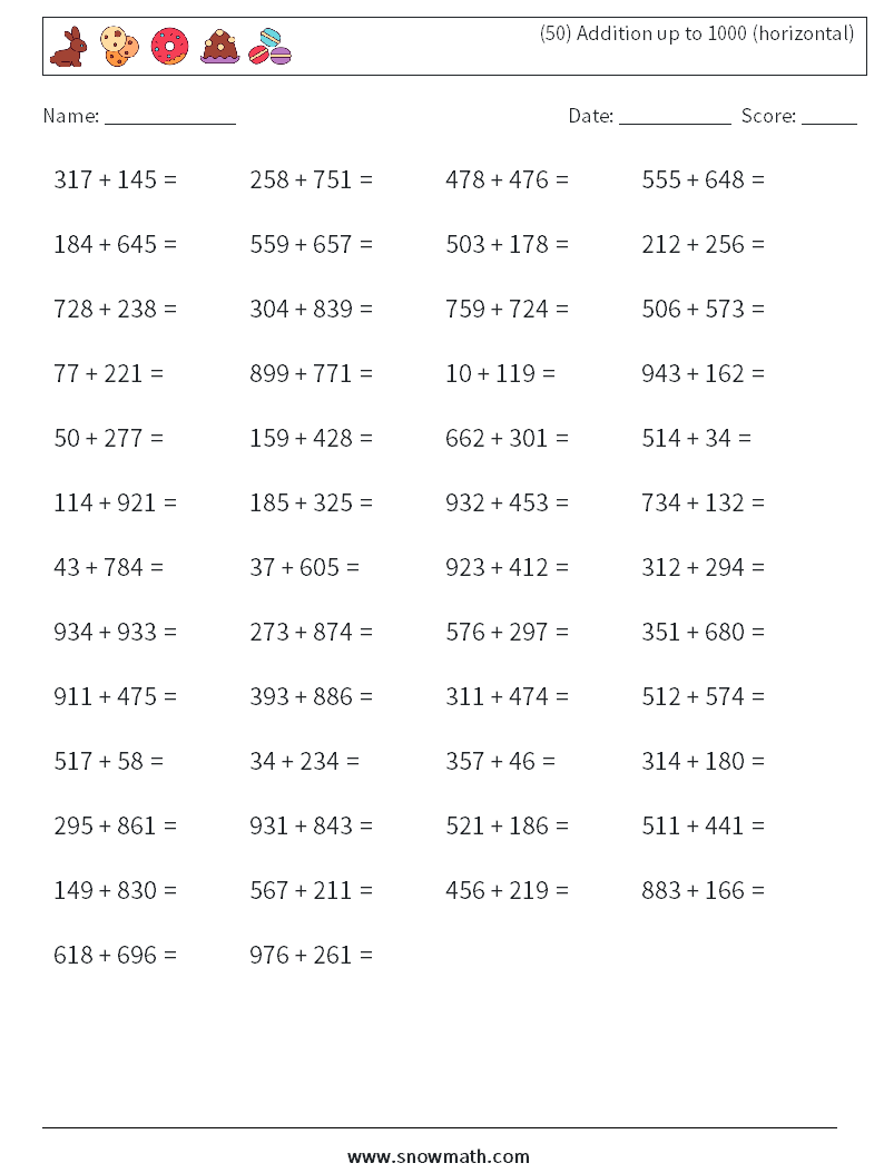 (50) Addition up to 1000 (horizontal) Math Worksheets 1