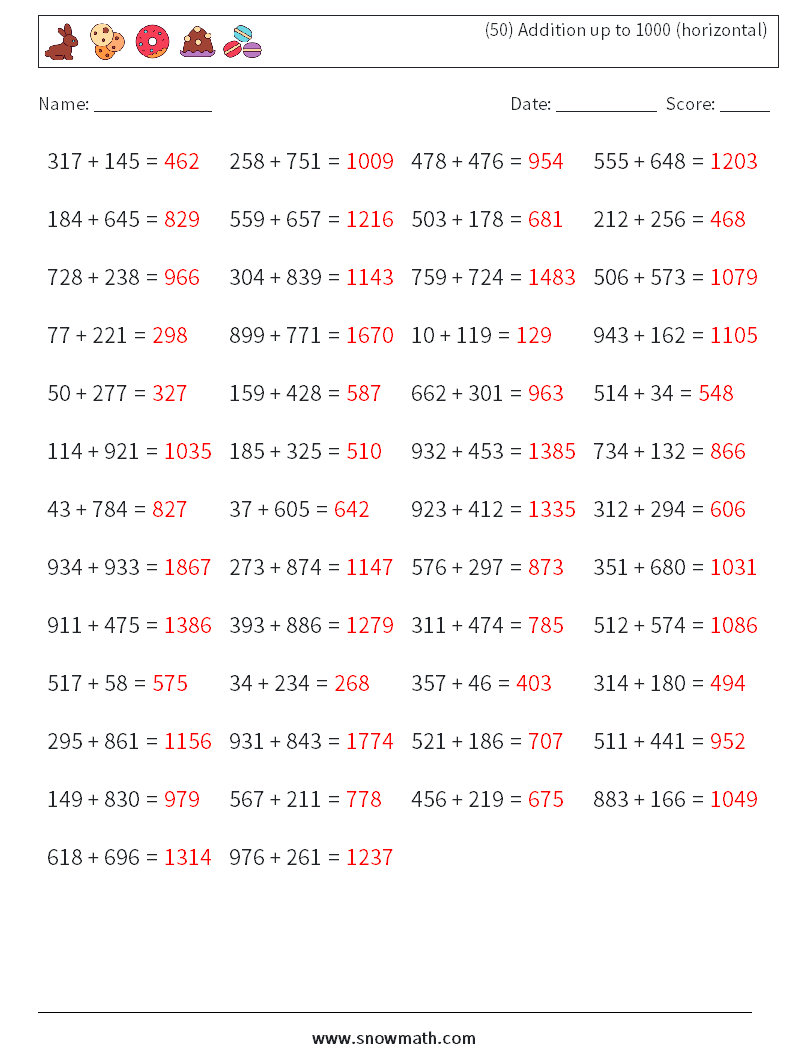 (50) Addition up to 1000 (horizontal) Math Worksheets 1 Question, Answer