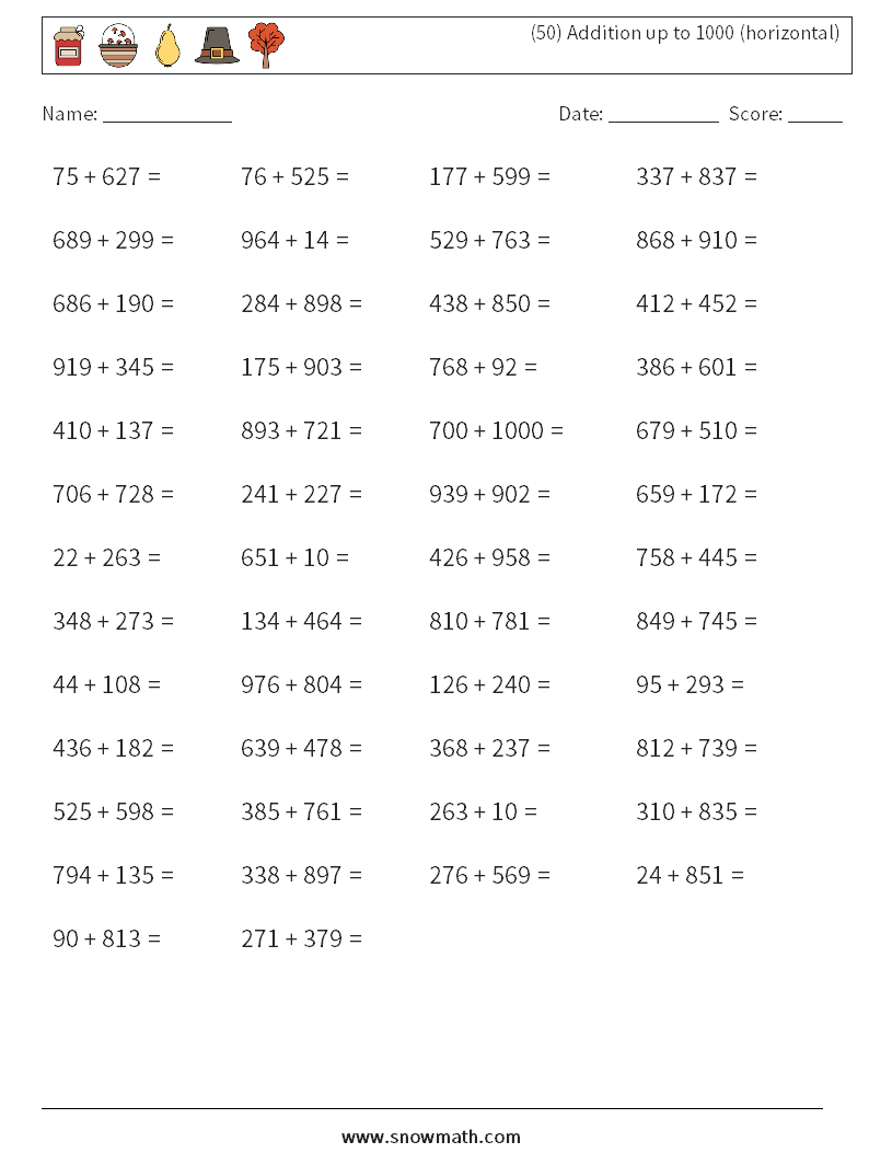 (50) Addition up to 1000 (horizontal) Math Worksheets 2