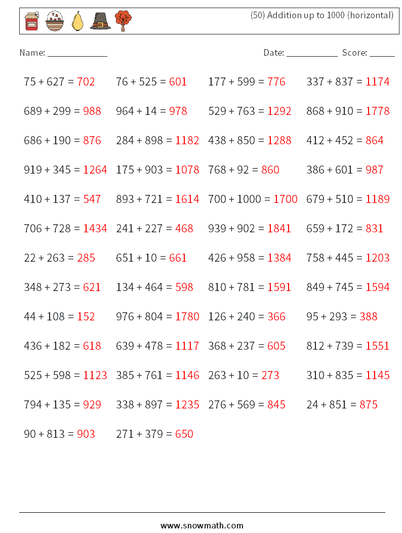 (50) Addition up to 1000 (horizontal) Math Worksheets 2 Question, Answer