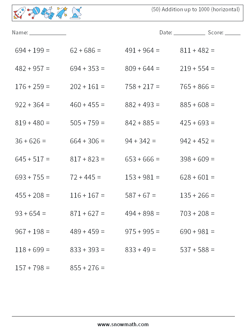 (50) Addition up to 1000 (horizontal) Math Worksheets 3