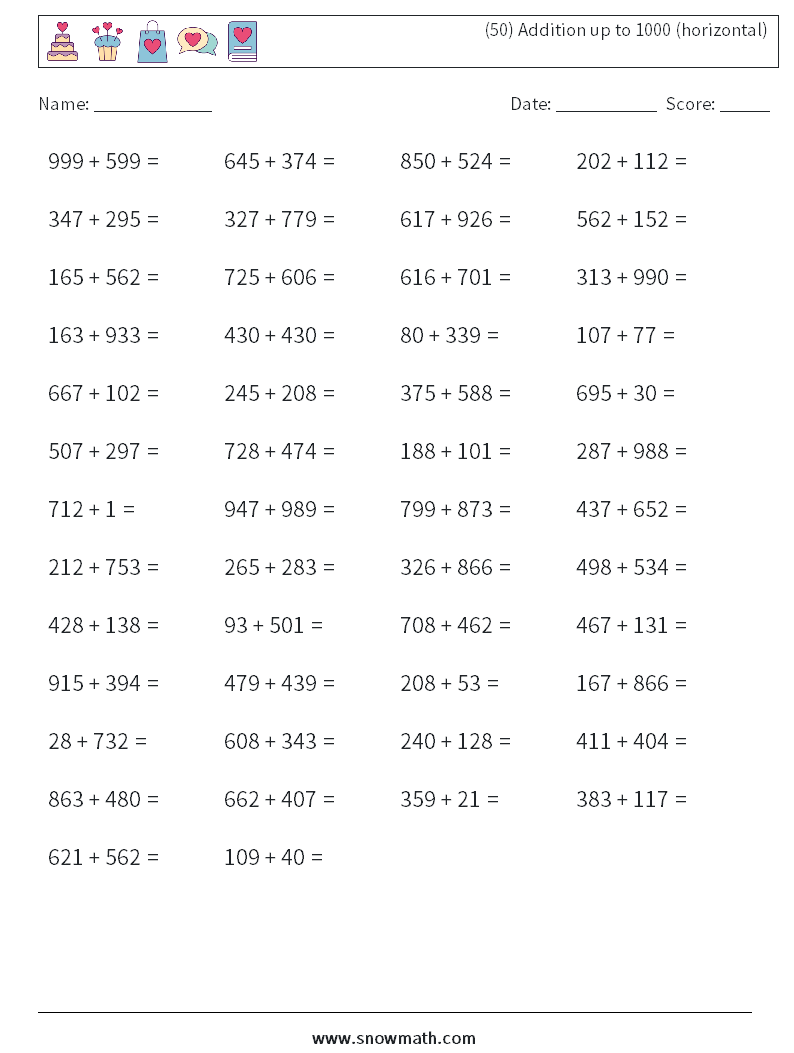 (50) Addition up to 1000 (horizontal) Math Worksheets 4
