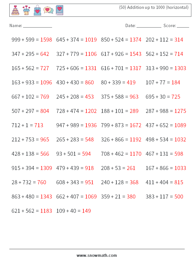 (50) Addition up to 1000 (horizontal) Math Worksheets 4 Question, Answer