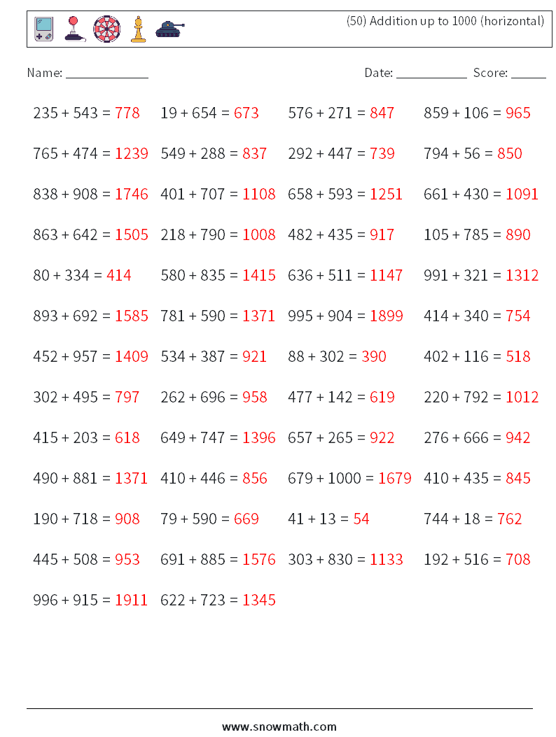 (50) Addition up to 1000 (horizontal) Math Worksheets 5 Question, Answer