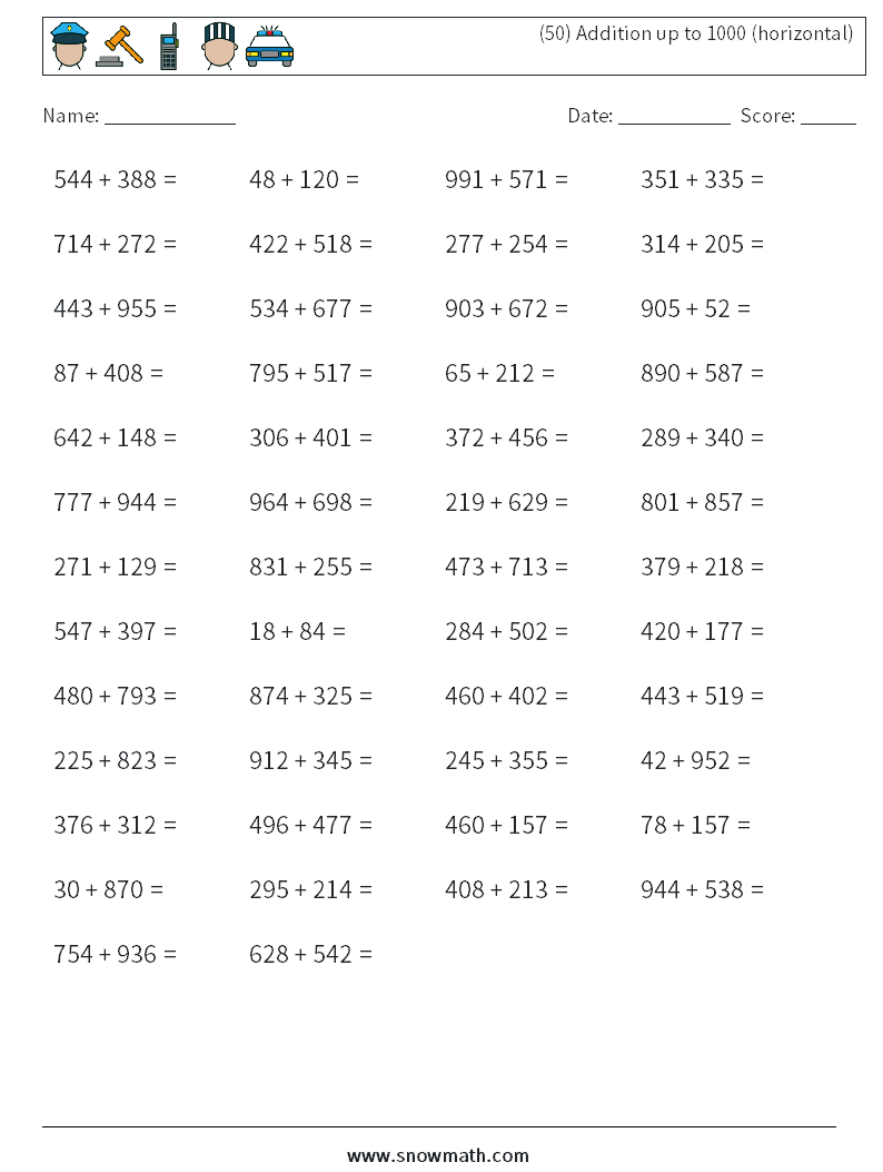 (50) Addition up to 1000 (horizontal) Math Worksheets 6