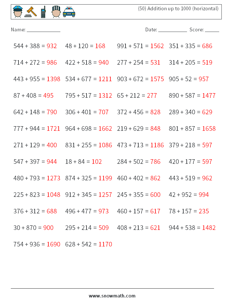 (50) Addition up to 1000 (horizontal) Math Worksheets 6 Question, Answer