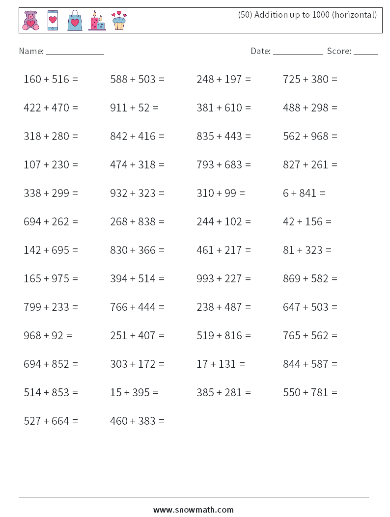 (50) Addition up to 1000 (horizontal) Math Worksheets 7