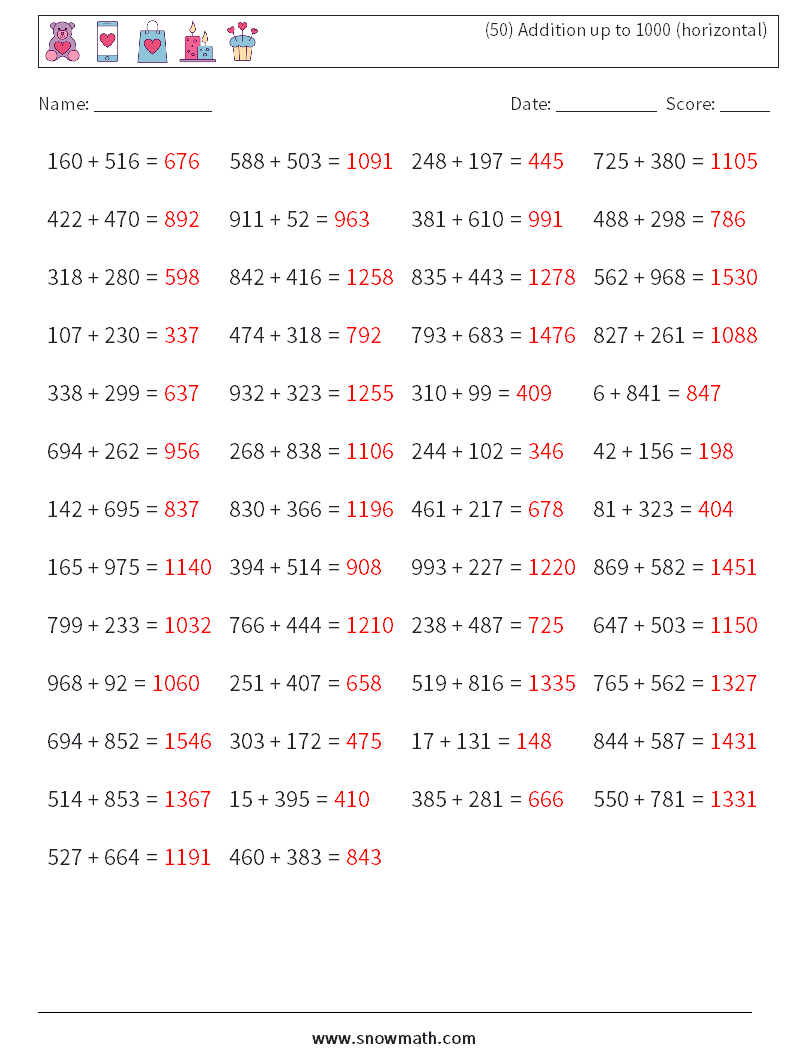 (50) Addition up to 1000 (horizontal) Math Worksheets 7 Question, Answer