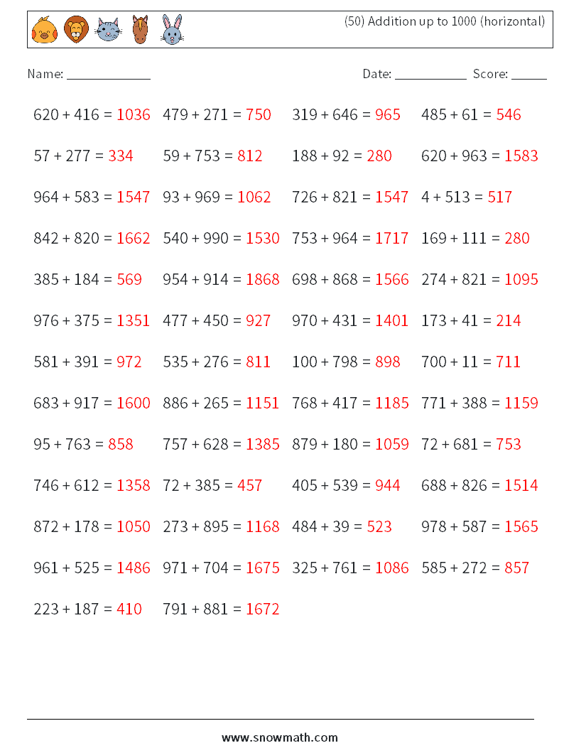 (50) Addition up to 1000 (horizontal) Math Worksheets 8 Question, Answer