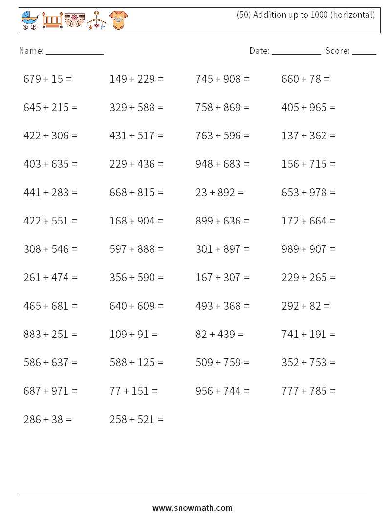 (50) Addition up to 1000 (horizontal) Math Worksheets 9