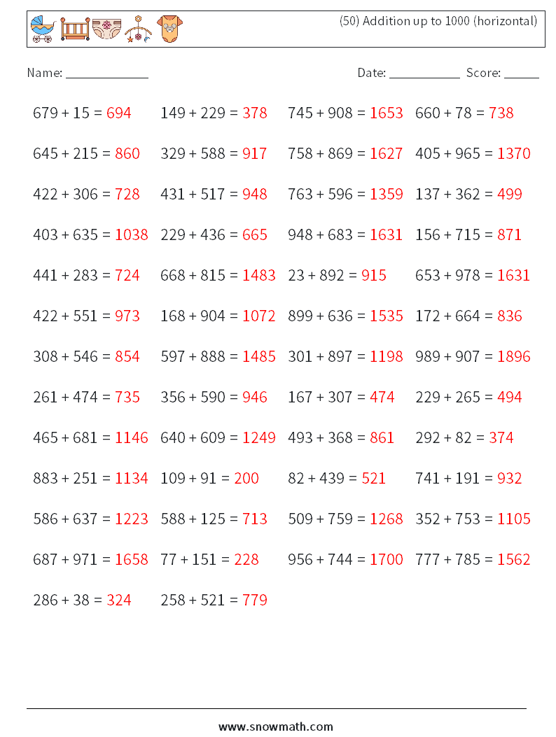 (50) Addition up to 1000 (horizontal) Math Worksheets 9 Question, Answer