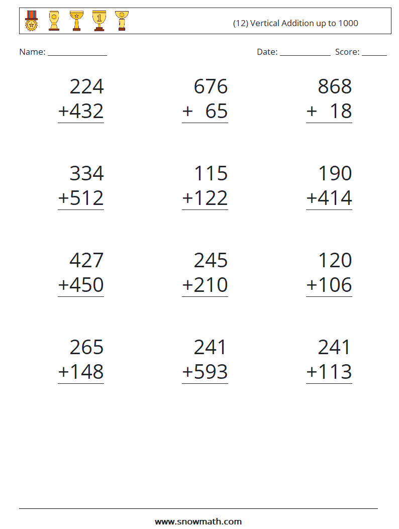 (12) Vertical Addition up to 1000 Math Worksheets 1