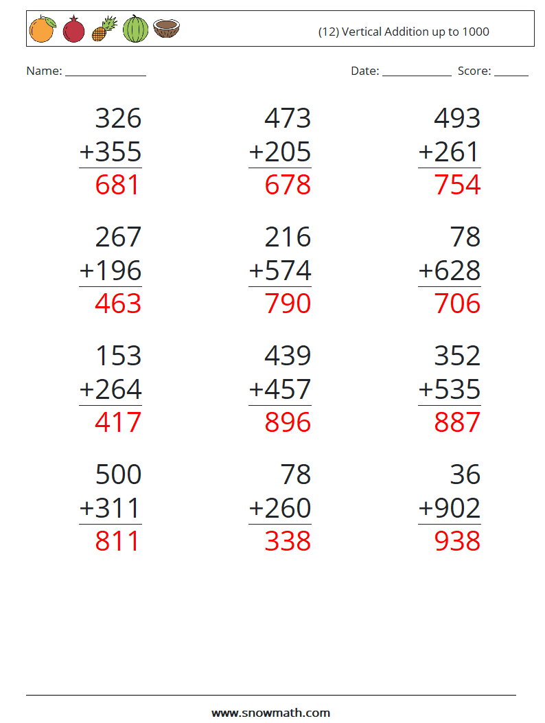 (12) Vertical Addition up to 1000 Math Worksheets 10 Question, Answer