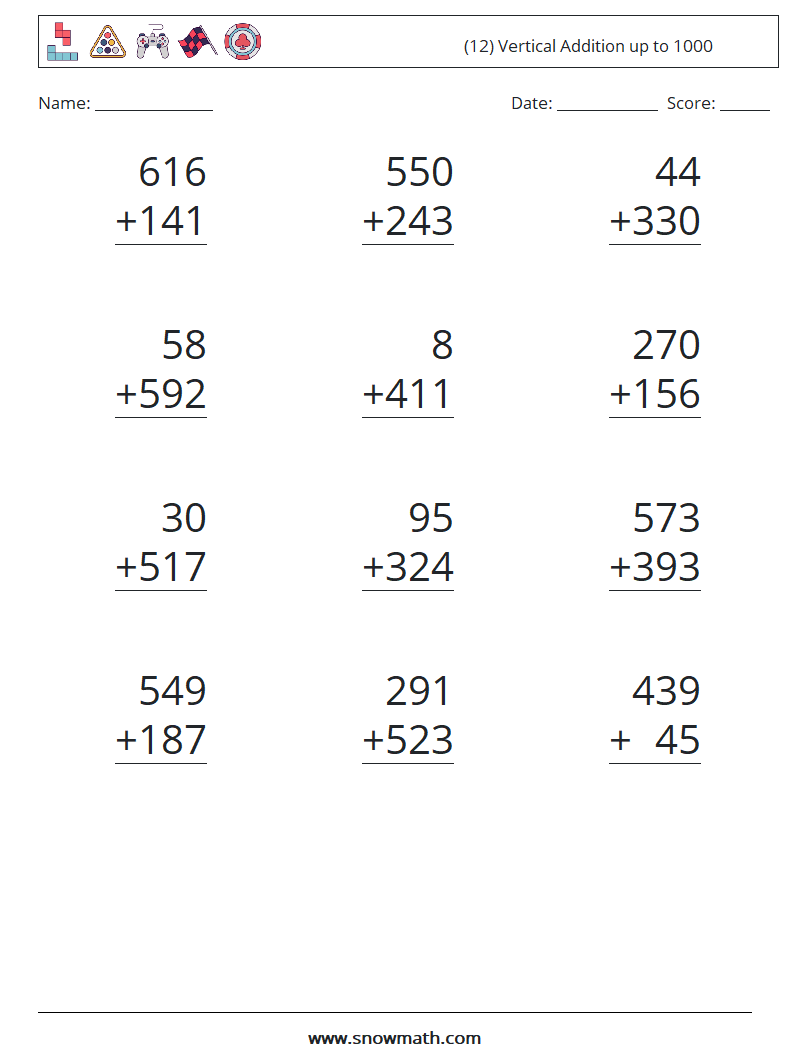 (12) Vertical Addition up to 1000 Math Worksheets 11