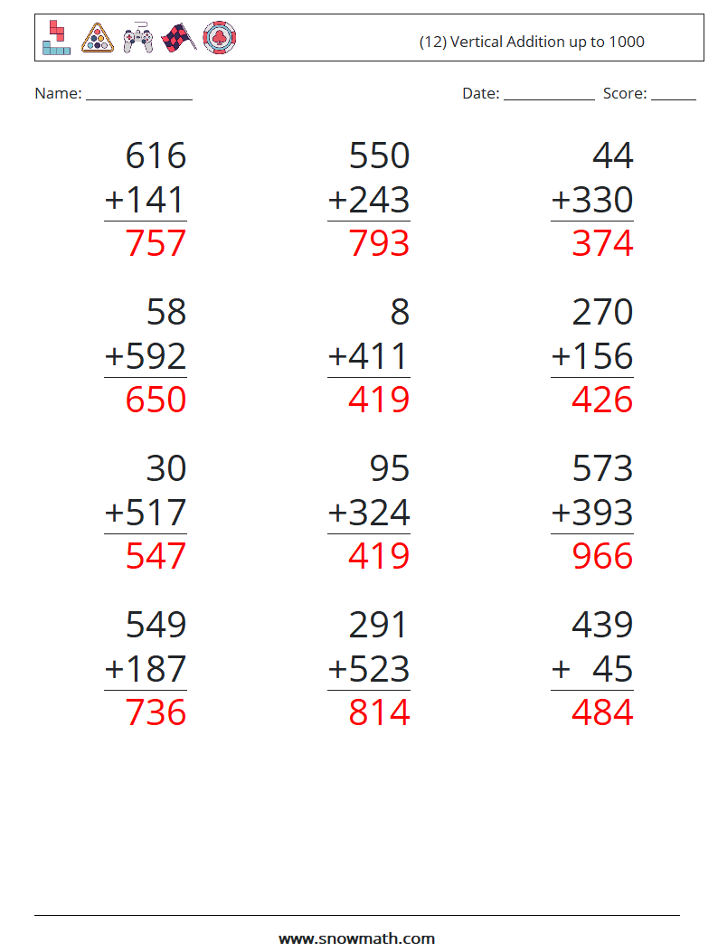 (12) Vertical Addition up to 1000 Math Worksheets 11 Question, Answer