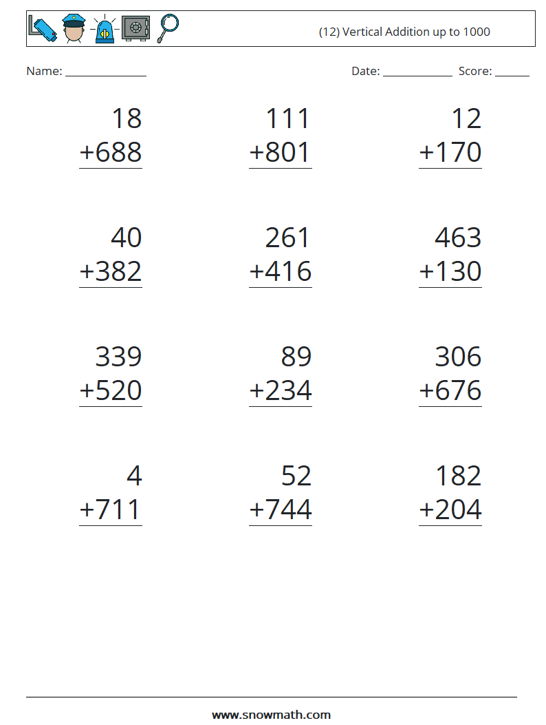 (12) Vertical Addition up to 1000 Math Worksheets 12